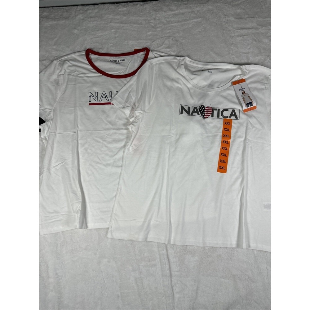 Nautica Jeans Womens 2 Pack Graphic T-Shirts White XXL Ringer Patriotic Flag New